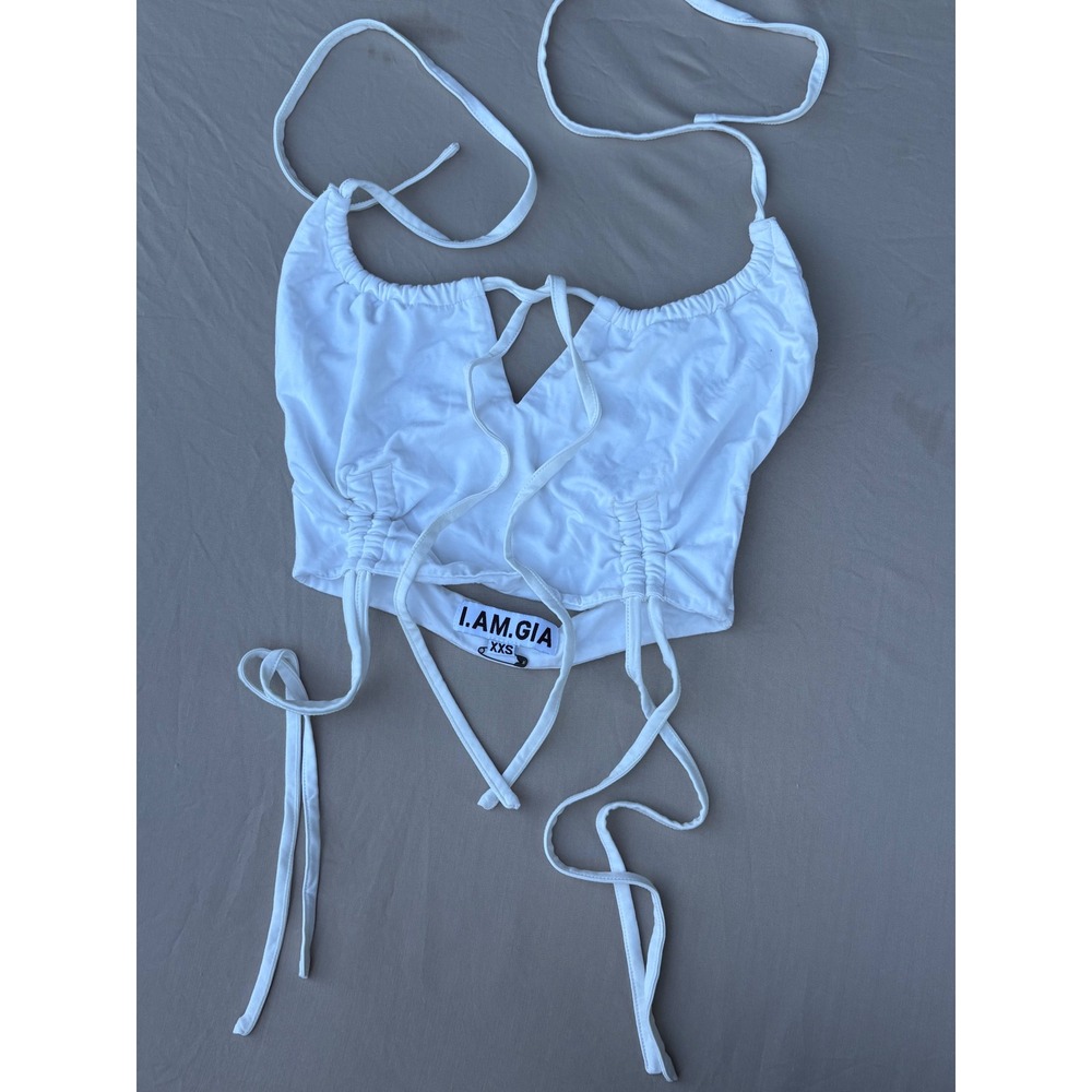 I.AM.GIA White Halter Crop Top Ruched Multi-Way Tie XXS